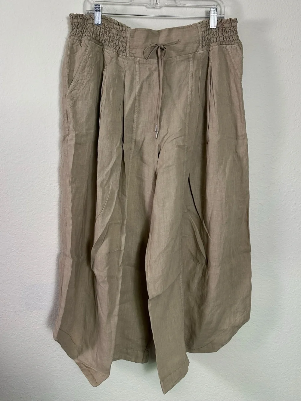 Anthropologie Ruched Linen Wide Leg Parachute Pants Beige Size XL NWT LagenLook